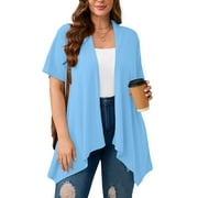 Women's Plus Size Summer Shrugs Draped Front Open Boleros Light Blue 3X Casual Short Sleeve Lightweight Cardigan Layering Coat